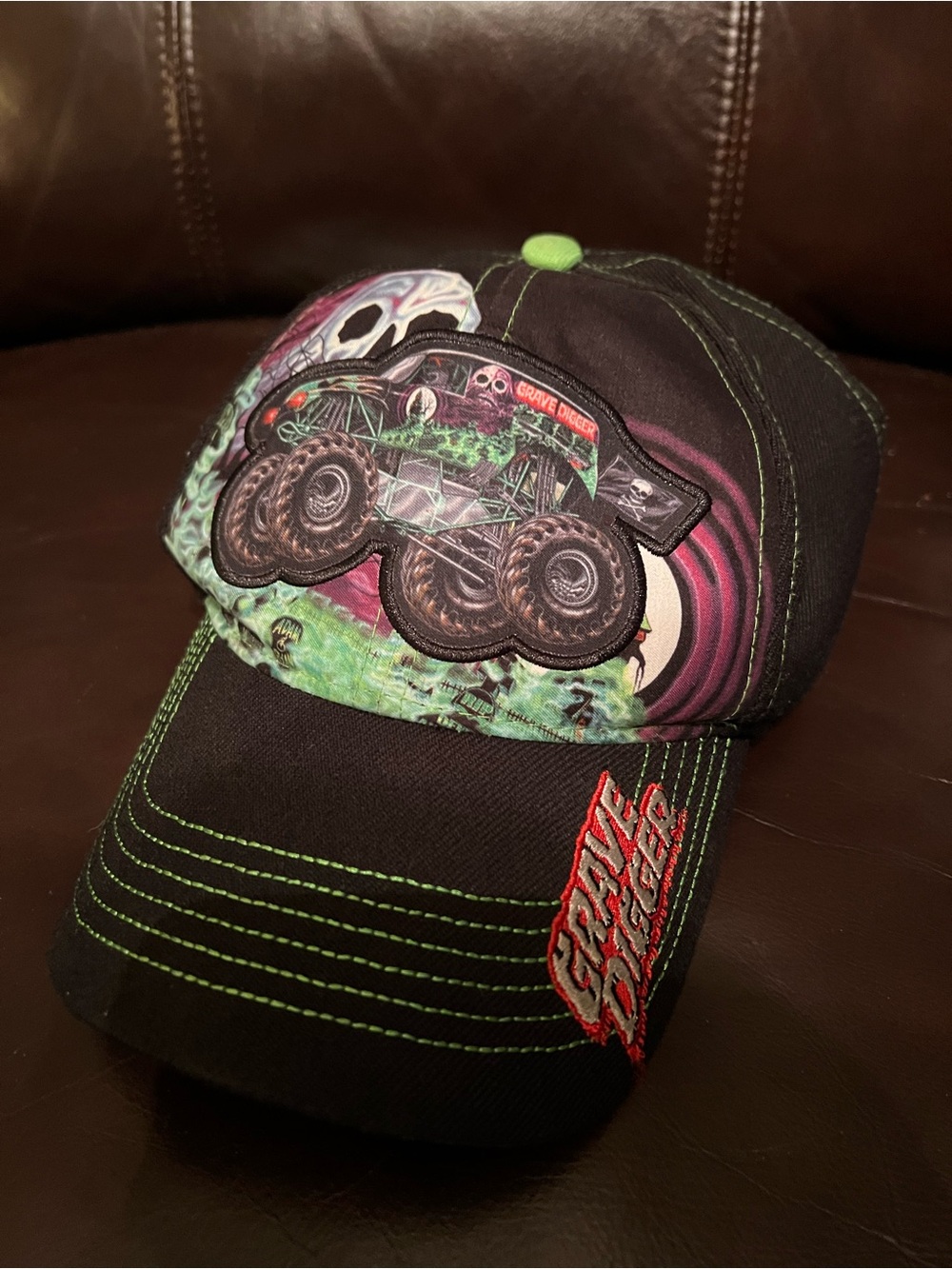 Grave Digger Kids Black Monster Truck Baseball Cap with Neon Green Accents